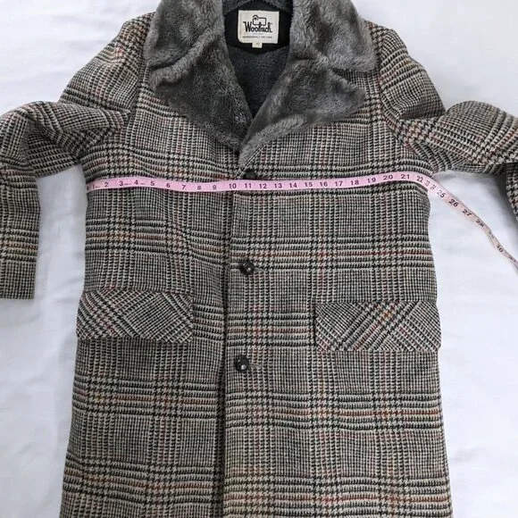VTG Woolrich Gray Black Red Plaid Houndstooth Wool Fur Lined Long Coat 60s 70s - Picture 8 of 9